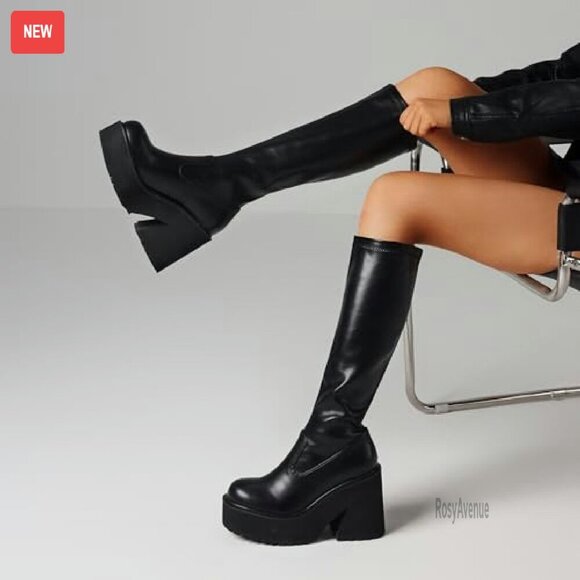 Knee High Platform Combat Boots Elastic Leather Chunky Heel Zipper - Picture 5 of 7